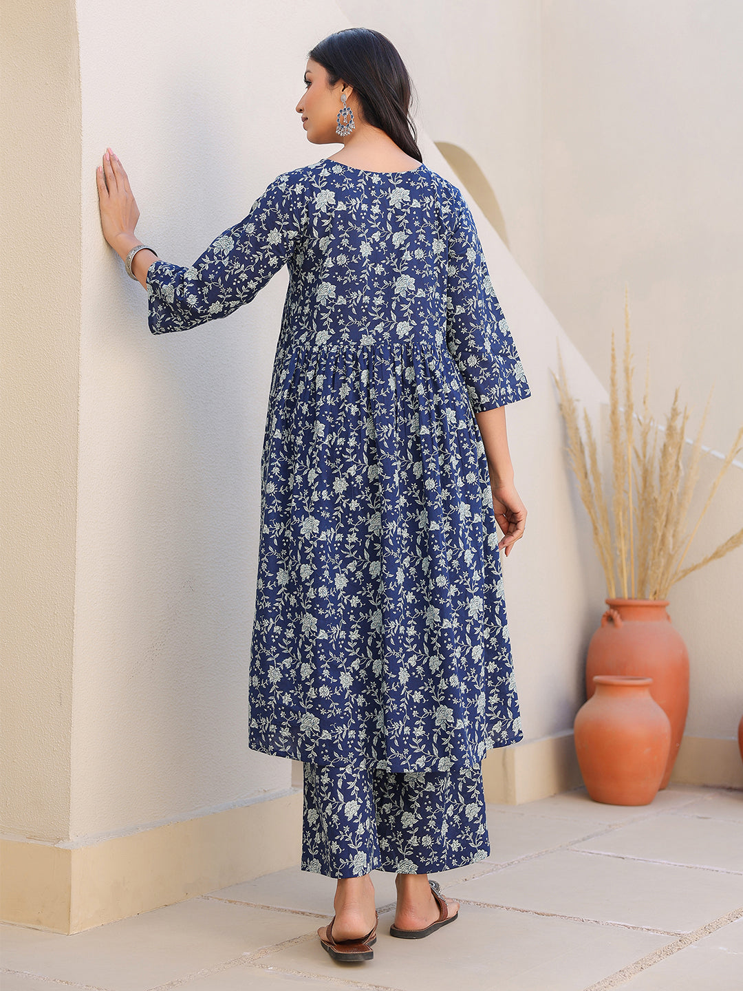 Janasya Dark Cotton Floral Gathered Top & Bottom Set | Swadesiicart