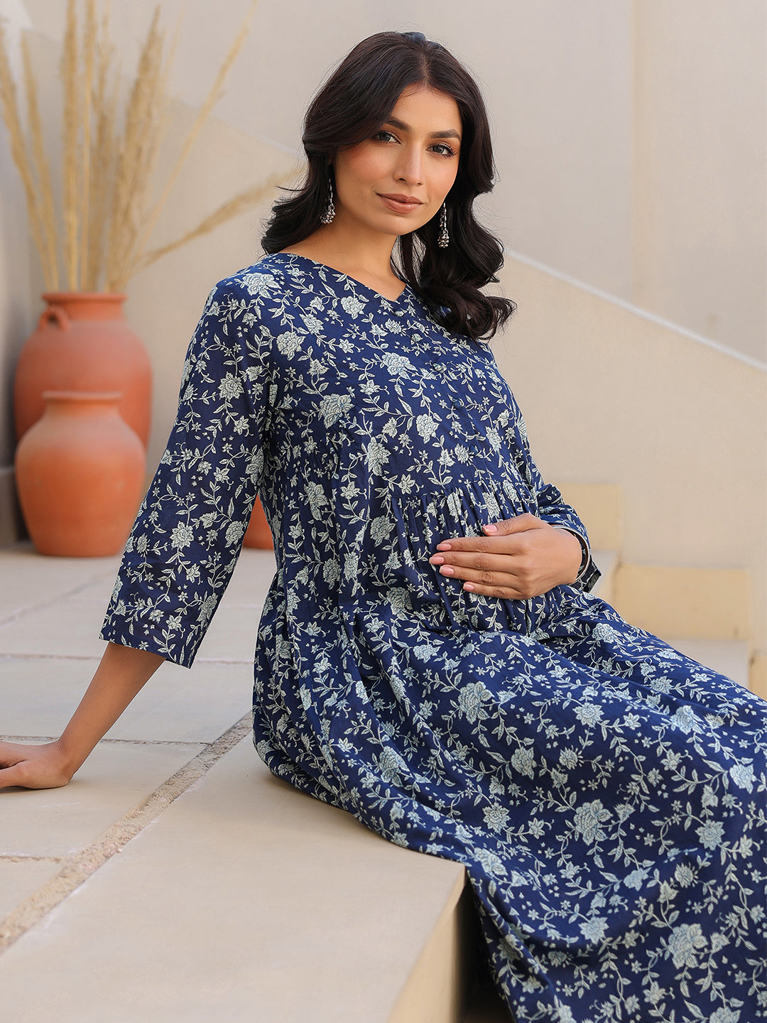 Janasya Dark Cotton Floral Gathered Top & Bottom Set | Swadesiicart