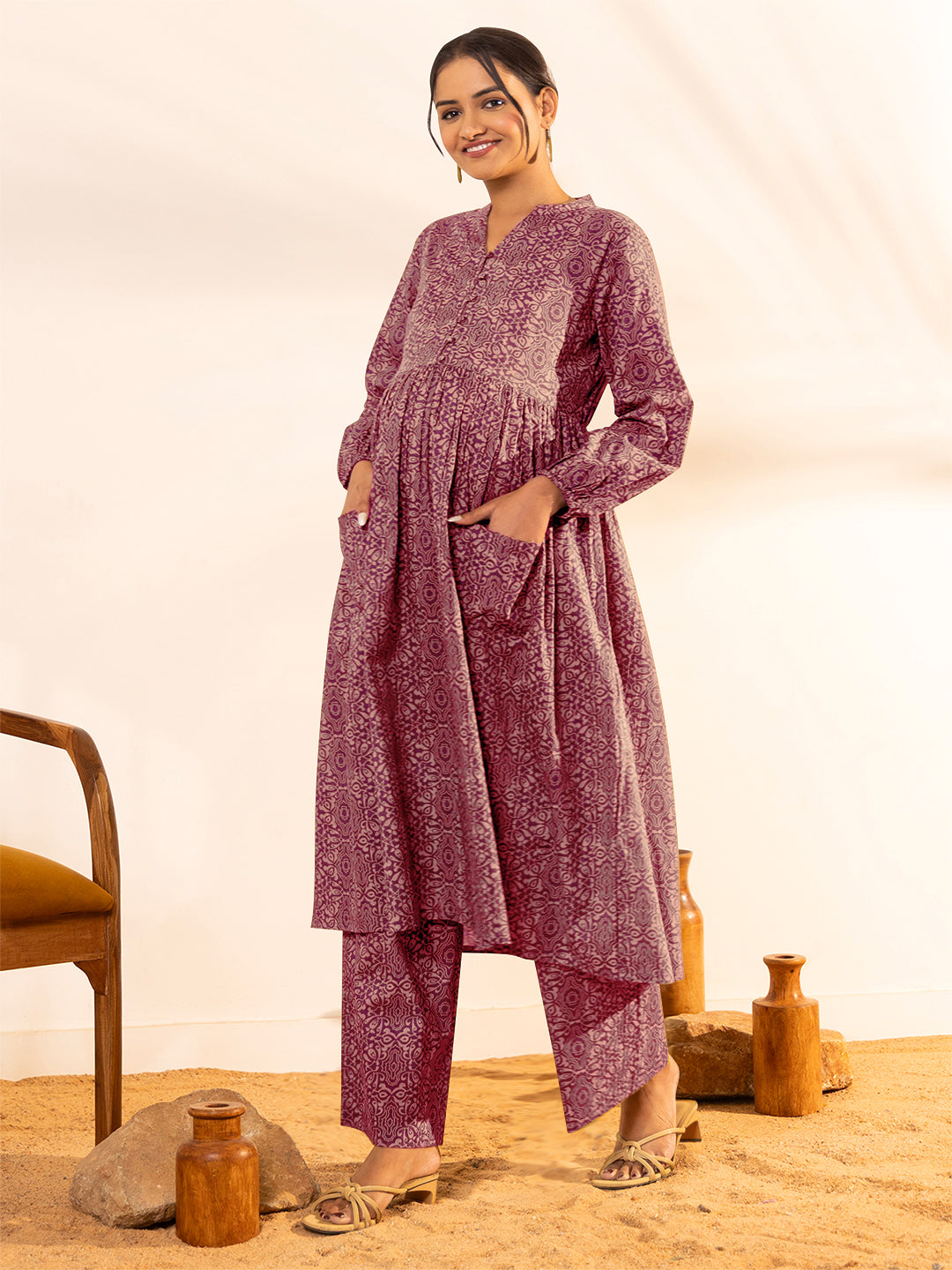 Janasya Dark Cotton Ethnic Motifs A-Line Kurta Set | Swadesiicart