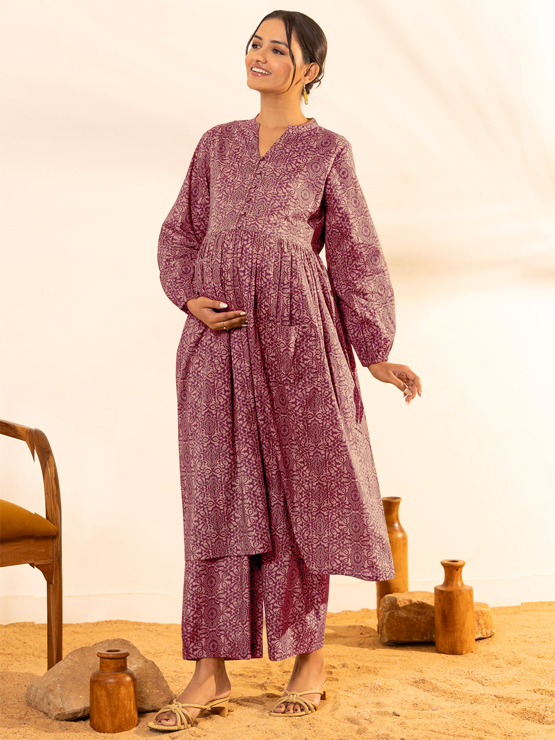 Janasya Dark Cotton Ethnic Motifs A-Line Kurta Set | Swadesiicart