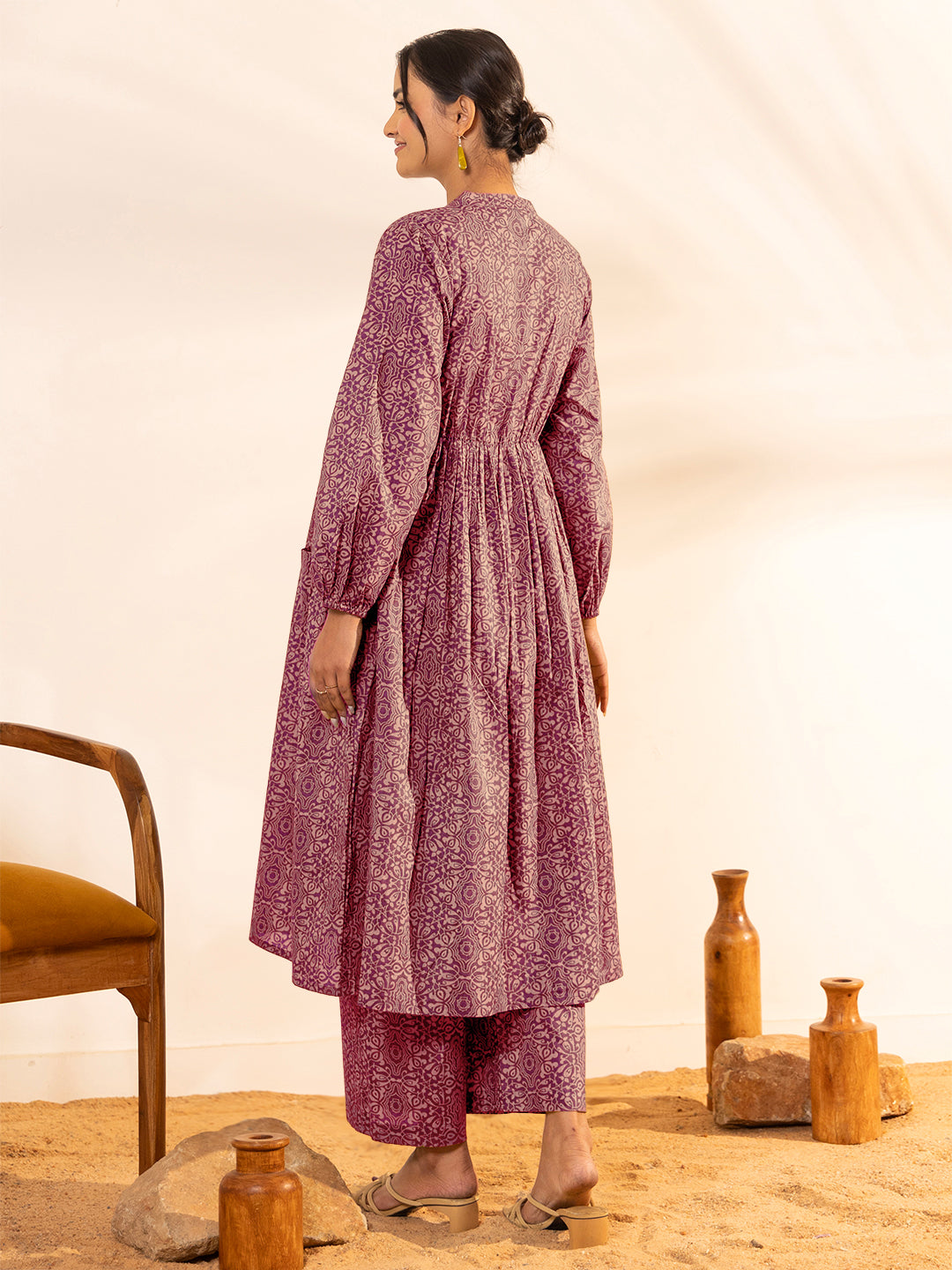 Janasya Dark Cotton Ethnic Motifs A-Line Kurta Set | Swadesiicart