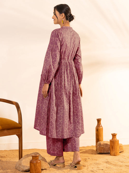 Janasya Dark Cotton Ethnic Motifs A-Line Kurta Set | Swadesiicart