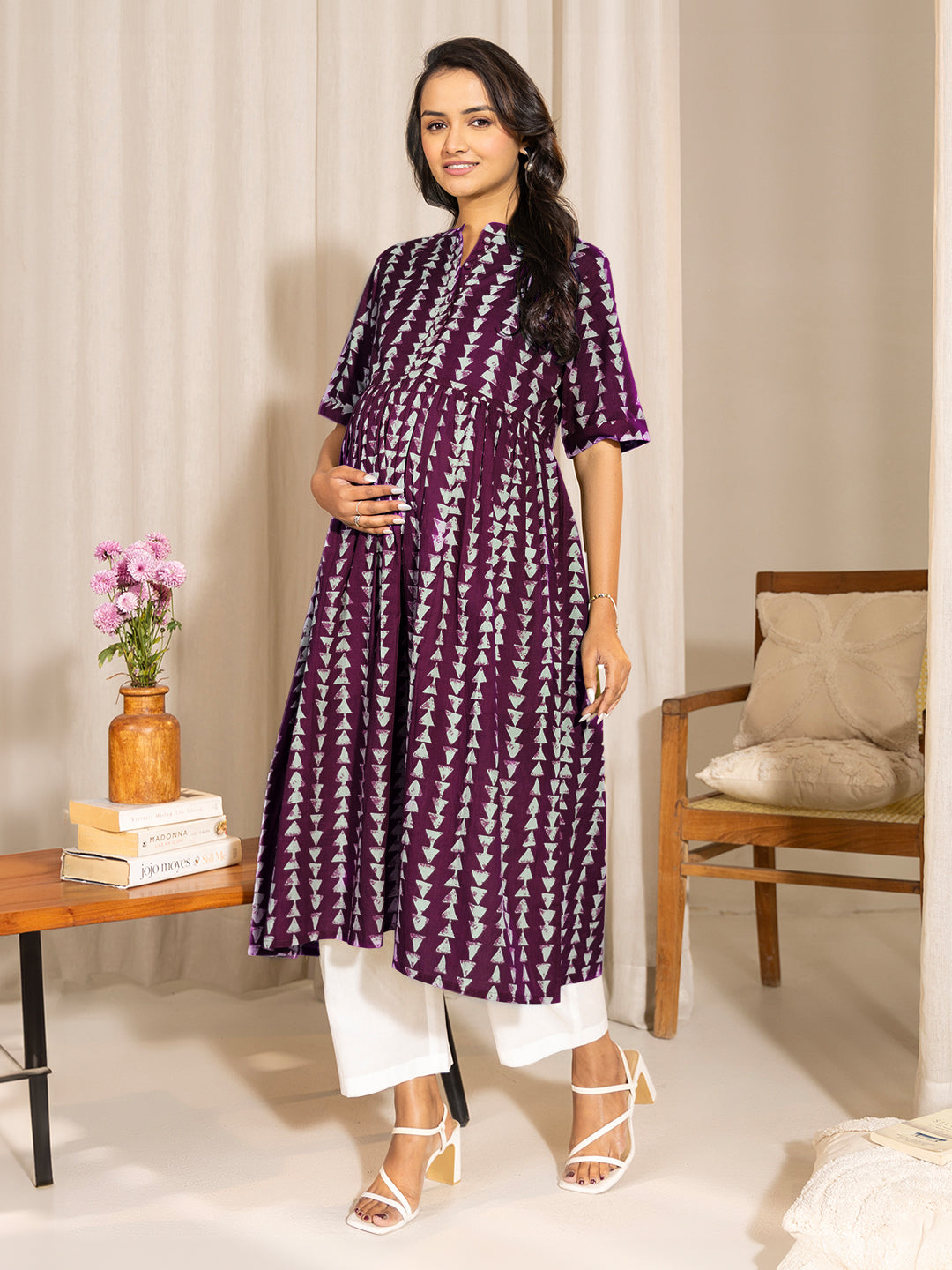 Janasya Dark Cotton Geometric A-Line Kurta - Swadesiicart