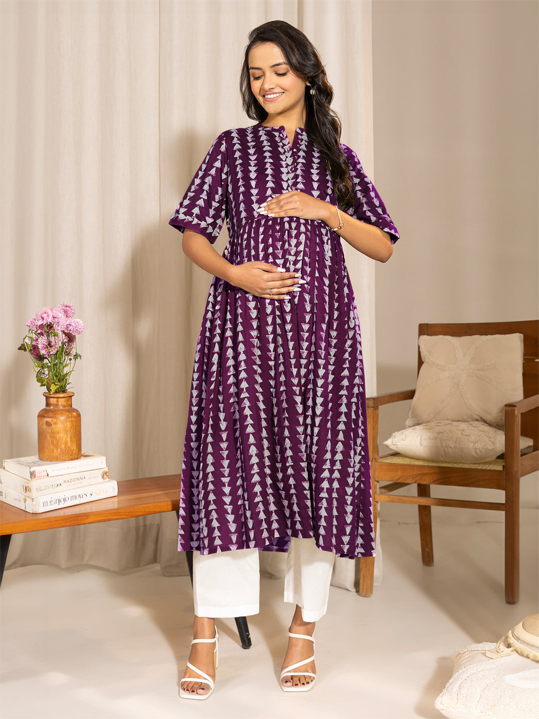 Janasya Dark Cotton Geometric A-Line Kurta - Swadesiicart
