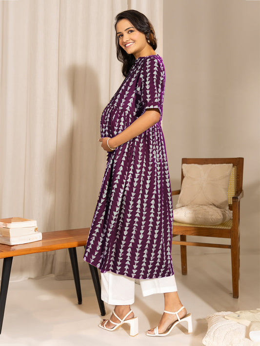 Janasya Dark Cotton Geometric A-Line Kurta - Swadesiicart