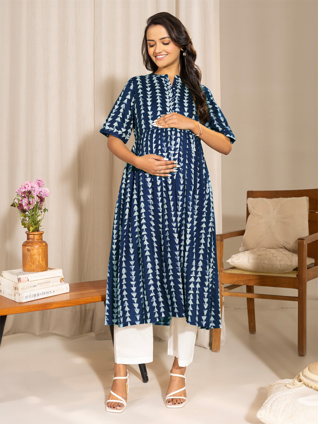 Janasya Dark Cotton Geometric A-Line Kurta - Swadesiicart