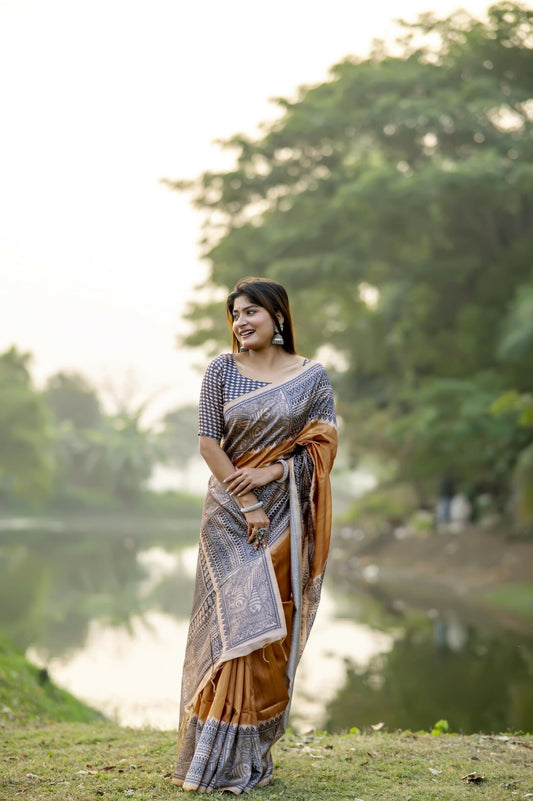 Vishnu Weaves Women's Mustard Soft Tussar Silk Saree with Blouse - Swadesiicart