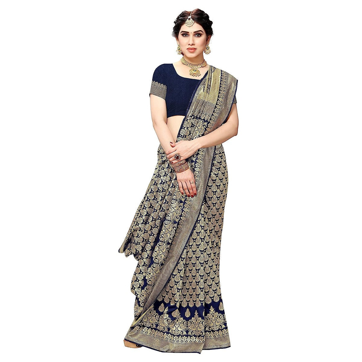 Vamika Navy Banarasi Jacquard Weaving Saree | Swadesiicart