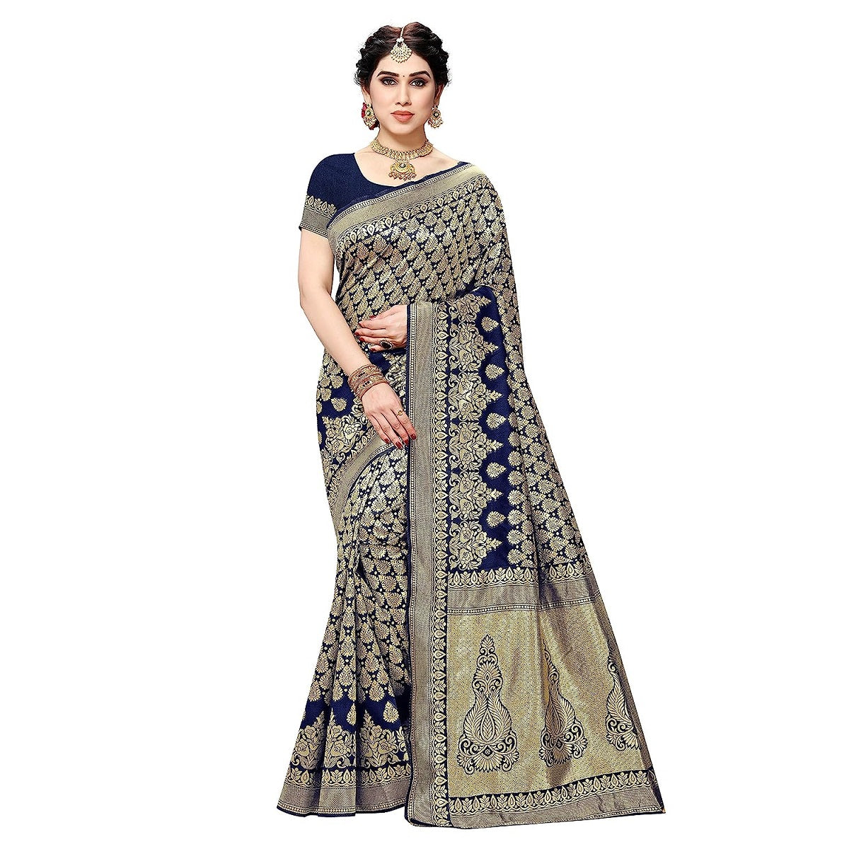 Vamika Navy Banarasi Jacquard Weaving Saree | Swadesiicart