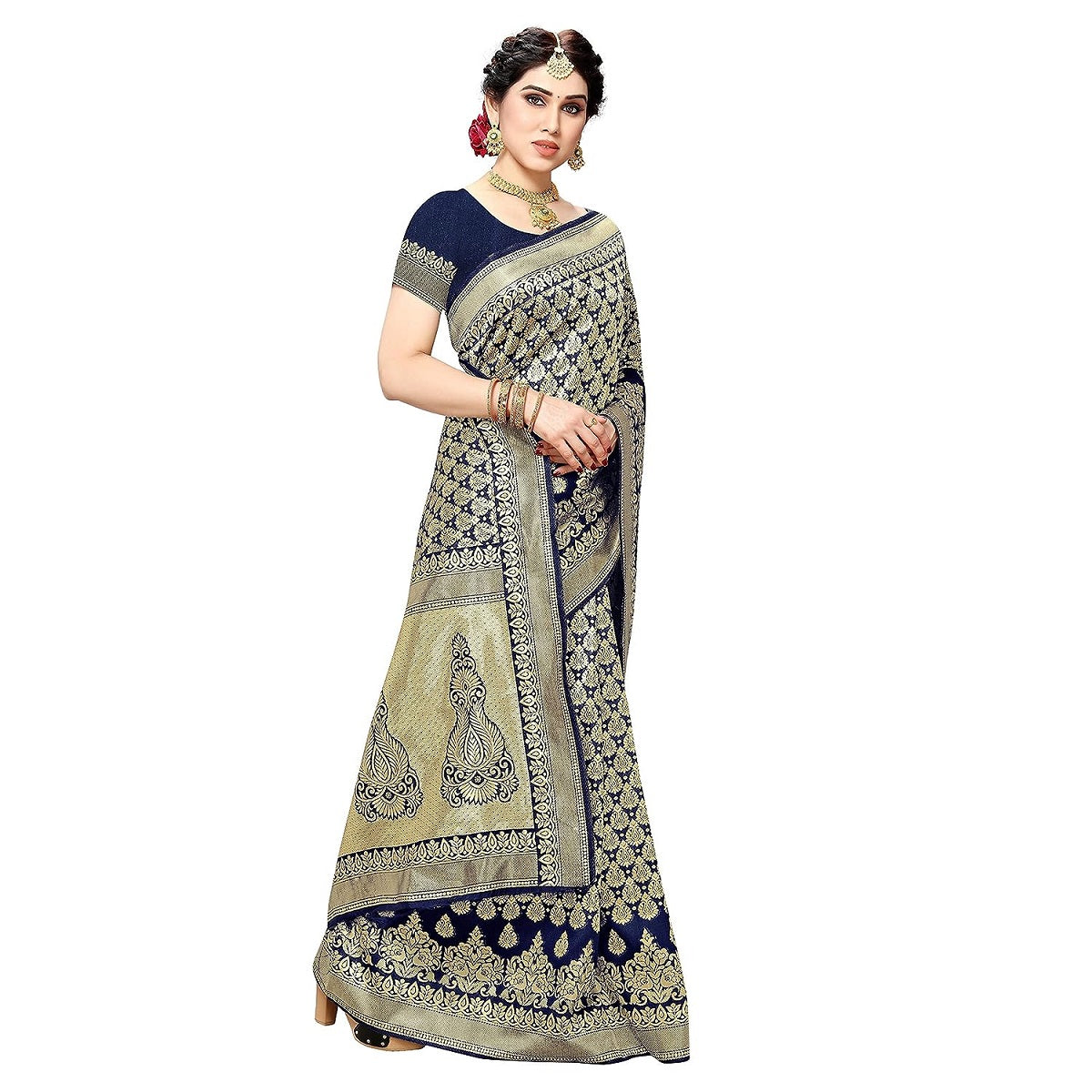 Vamika Navy Banarasi Jacquard Weaving Saree | Swadesiicart