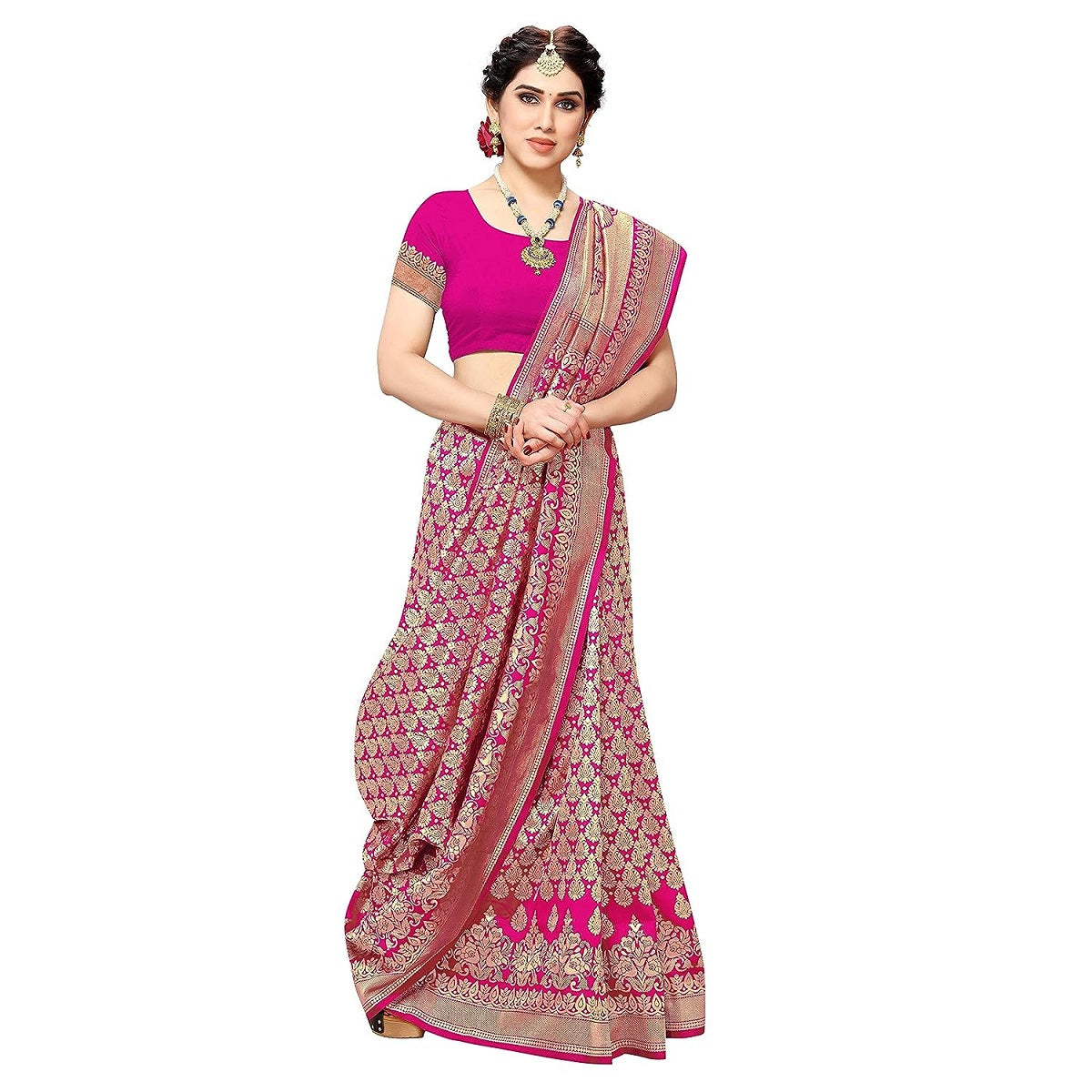 Vamika Pink Banarasi Jacquard Weaving Saree | Swadesiicart