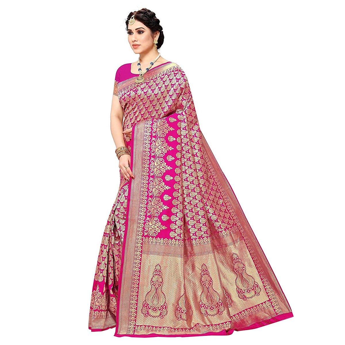 Vamika Pink Banarasi Jacquard Weaving Saree | Swadesiicart