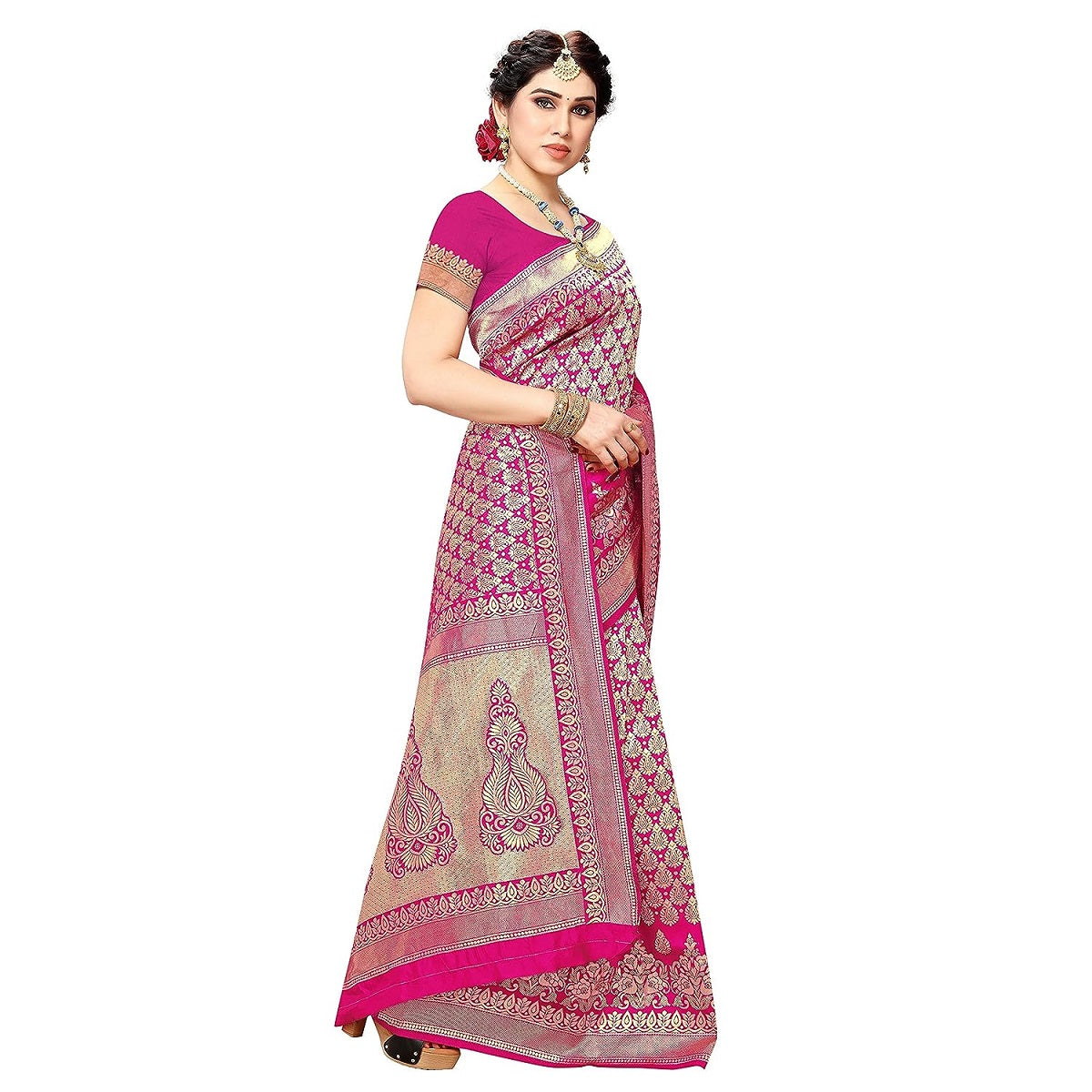 Vamika Pink Banarasi Jacquard Weaving Saree | Swadesiicart