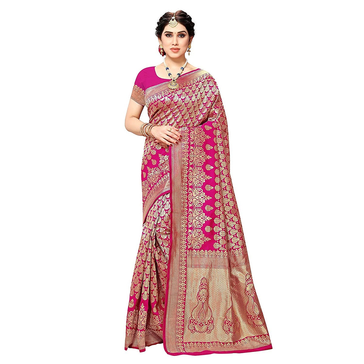 Vamika Pink Banarasi Jacquard Weaving Saree | Swadesiicart