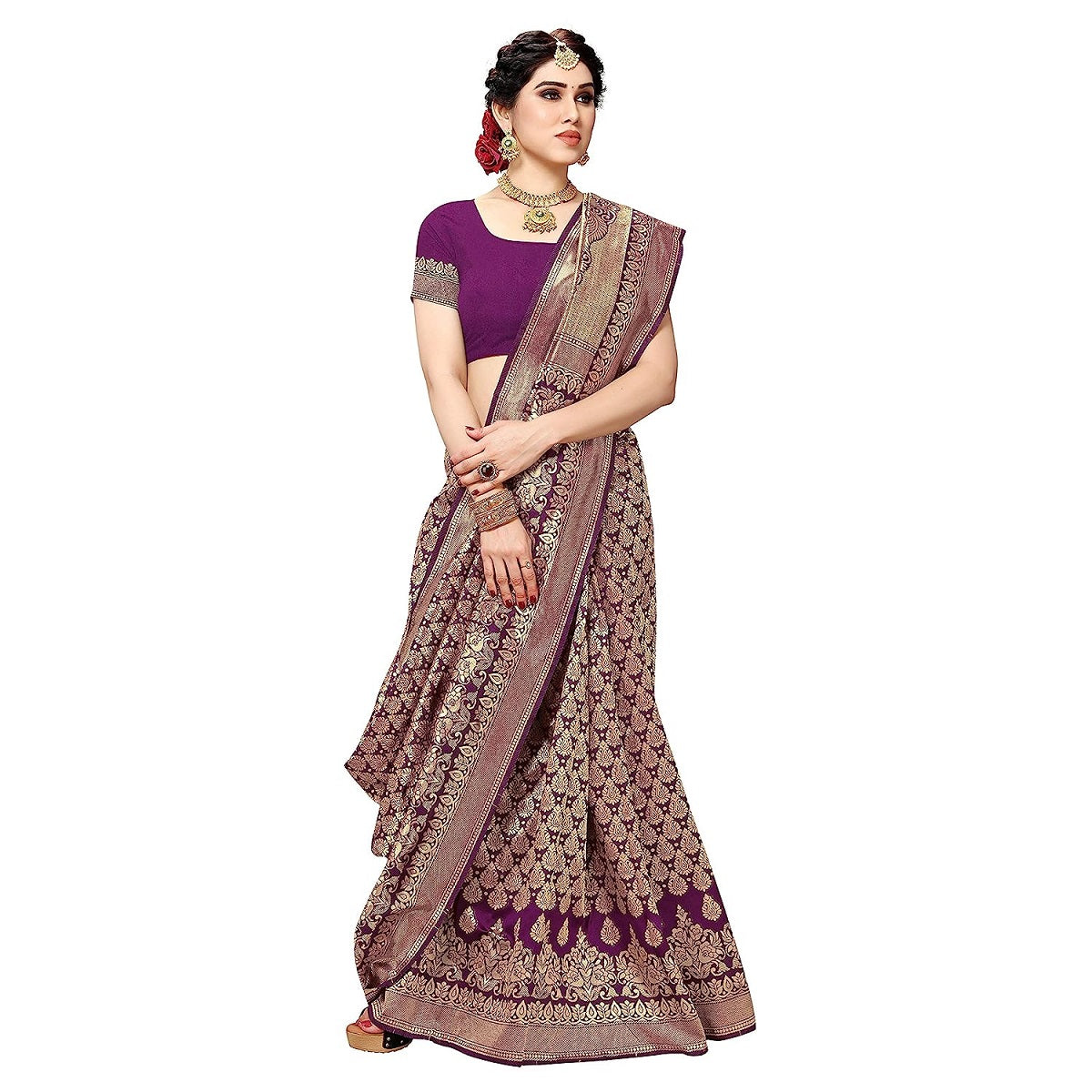 Vamika Purple Banarasi Jacquard Weaving Saree | Swadesiicart