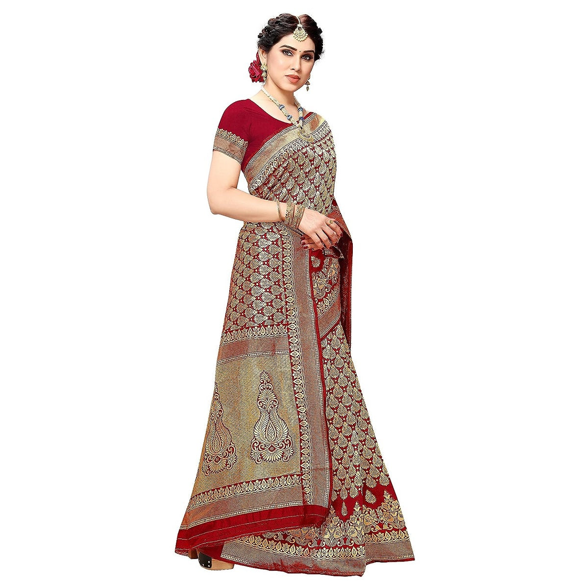 Vamika Red Banarasi Jacquard Weaving Saree | Swadesiicart