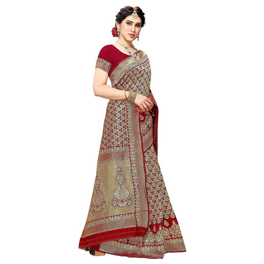 Vamika Red Banarasi Jacquard Weaving Saree | Swadesiicart