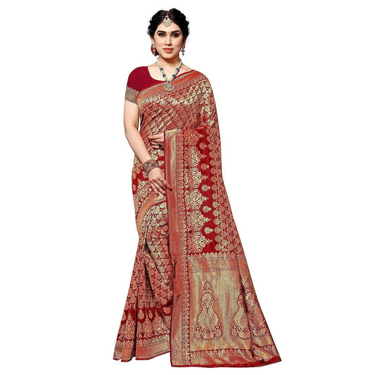 Vamika Red Banarasi Jacquard Weaving Saree | Swadesiicart