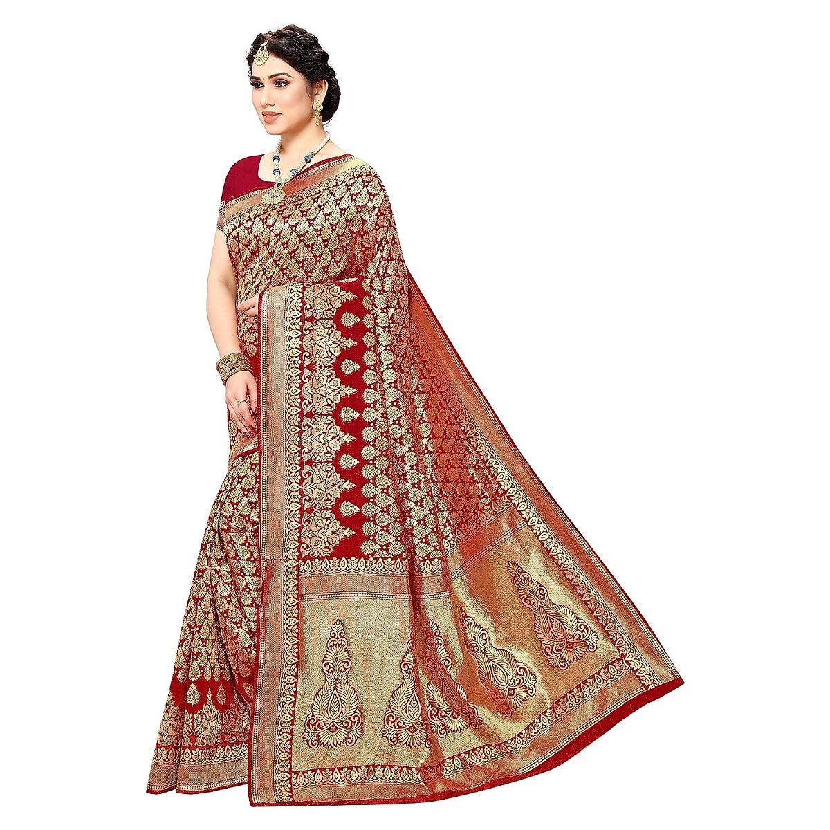 Vamika Red Banarasi Jacquard Weaving Saree | Swadesiicart