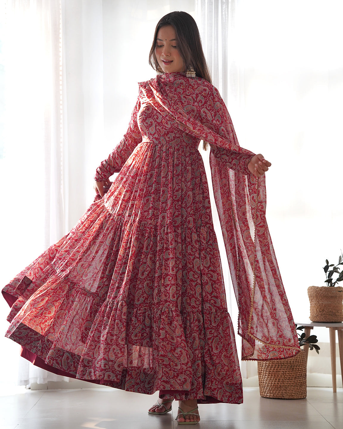 Lorenvalley Fashion Women Pure Soft Georgette Kalamkari Print Fully Flair Anarkali With Pant Dupatta Set - Maroon | Swadesiicart
