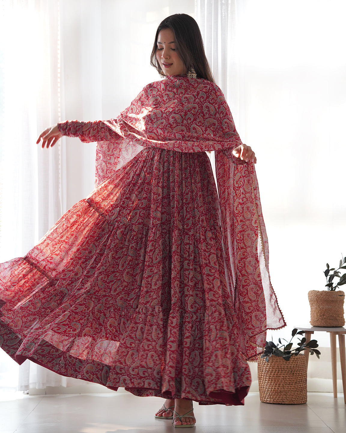 Lorenvalley Fashion Women Pure Soft Georgette Kalamkari Print Fully Flair Anarkali With Pant Dupatta Set - Maroon | Swadesiicart