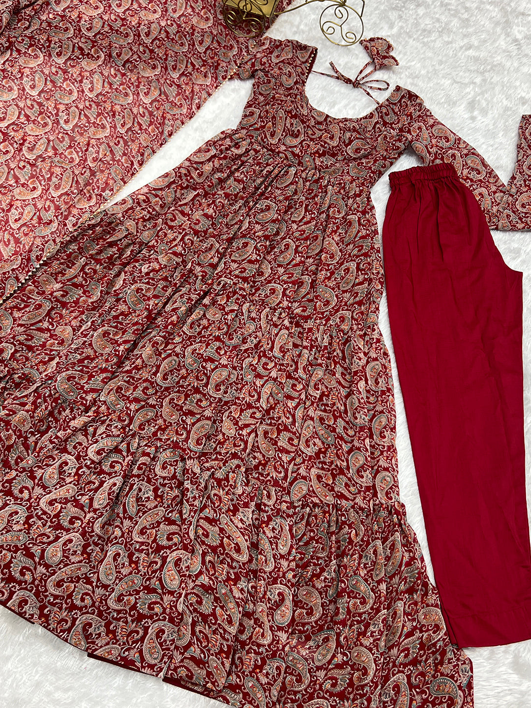 Lorenvalley Fashion Women Pure Soft Georgette Kalamkari Print Fully Flair Anarkali With Pant Dupatta Set - Maroon | Swadesiicart