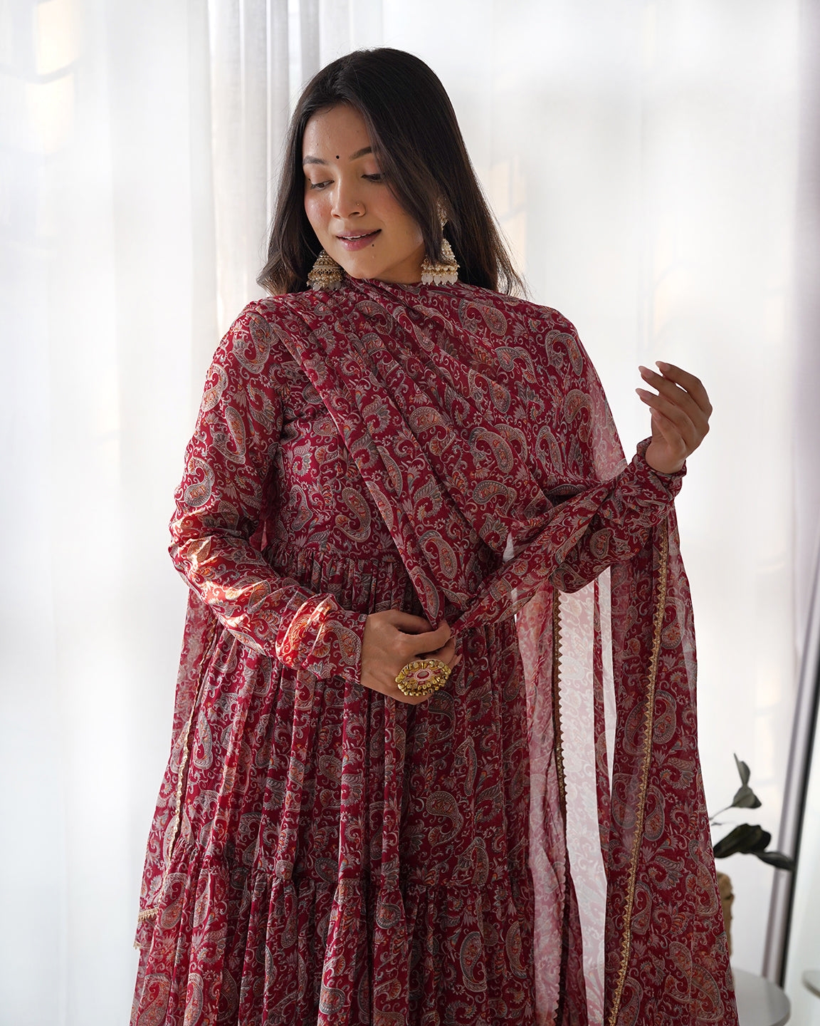 Lorenvalley Fashion Women Pure Soft Georgette Kalamkari Print Fully Flair Anarkali With Pant Dupatta Set - Maroon | Swadesiicart
