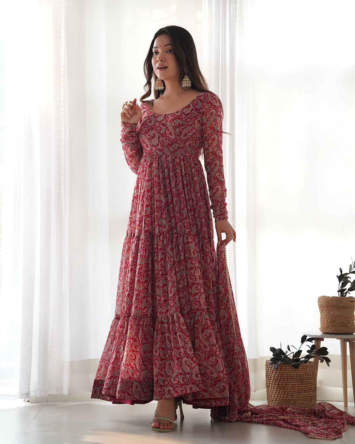 Lorenvalley Fashion Women Pure Soft Georgette Kalamkari Print Fully Flair Anarkali With Pant Dupatta Set - Maroon | Swadesiicart