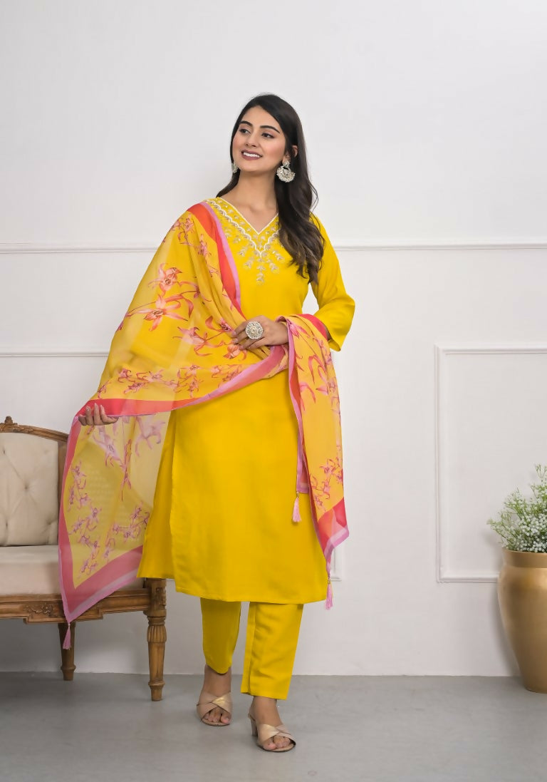Yellow Viscose Silk Embroidery with Thread and sequence Stitched Suit With Dupatta - Tanisha | Swadesiicart