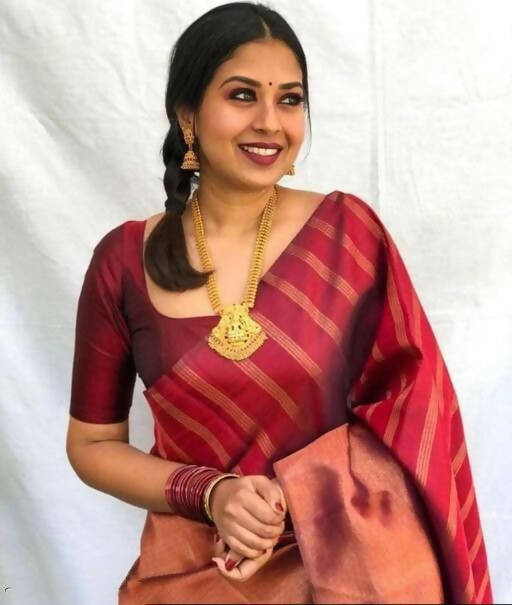 DEIANA'S Beautiful Designer Golden zari Soft Lichi Silk Saree - Brown - Swadesiicart
