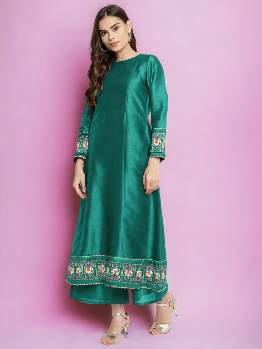Ahalyaa Women Sea Green Printed Gotta Patti Kurti with Palazzos & Dupatta - Sea Green | Swadesiicart