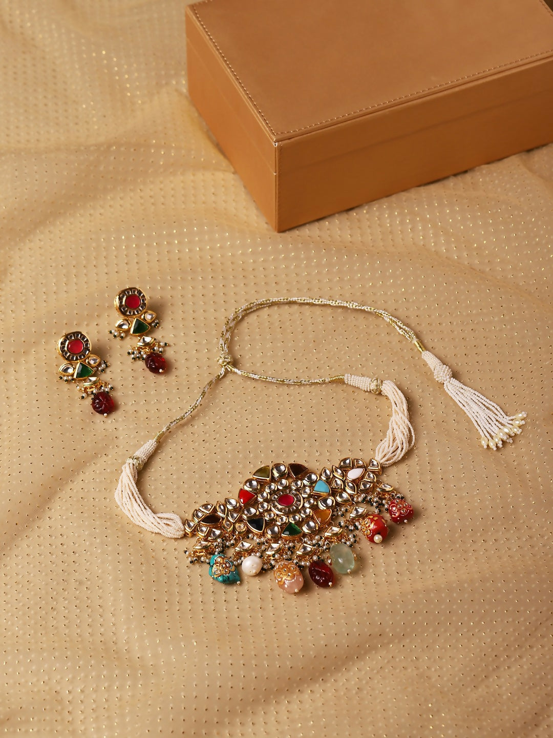 Maharani Multi Kundan Choker with Earrings- Ruby Raang | Swadesiicart