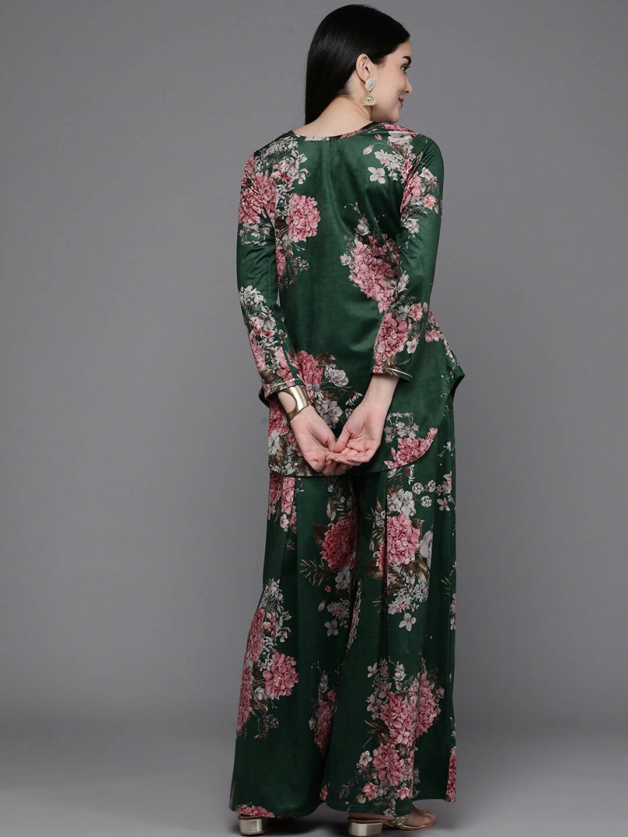 Ahalyaa Women Floral Printed Velvet Tunic with Palazzos - Green Color | Swadesiicart