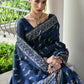 Vishnu Weaves Women's Blue Handloom Raw Silk Thread Weaving Saree with Blouse - Swadesiicart