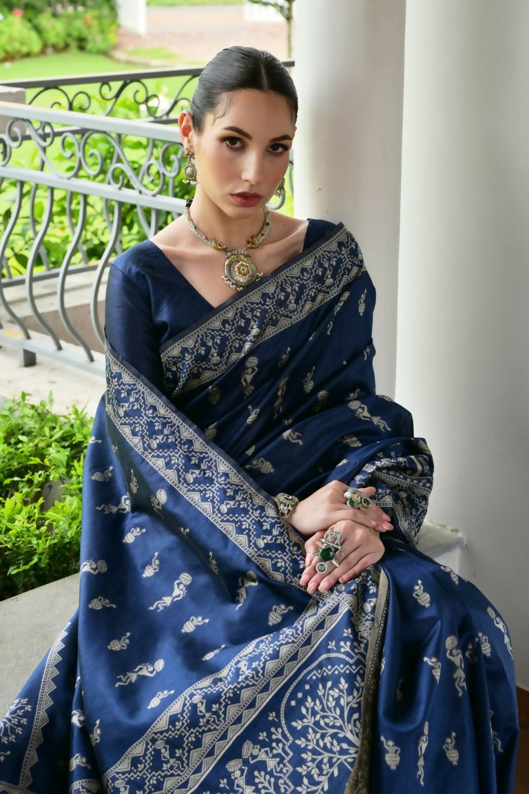 Vishnu Weaves Women's Blue Handloom Raw Silk Thread Weaving Saree with Blouse - Swadesiicart