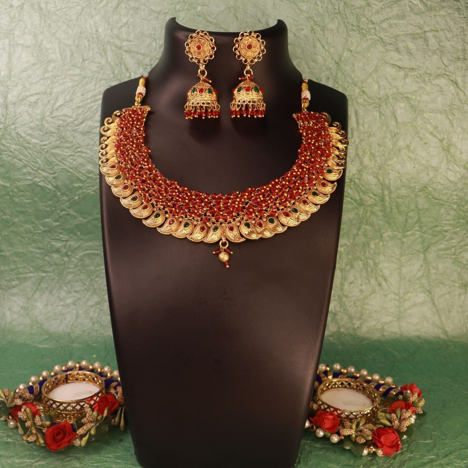 Gold-Polished Brass Pearl Choker Necklace With Earrings for Women/Girls - Wahe Jewels - Swadesiicart