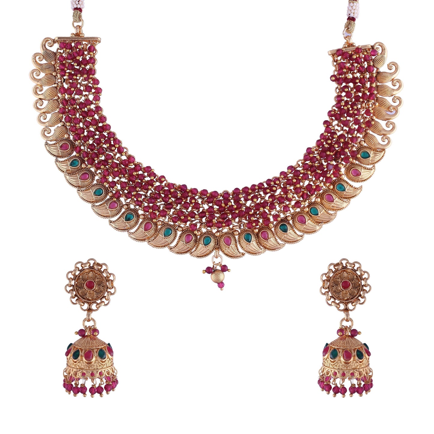 Gold-Polished Brass Pearl Choker Necklace With Earrings for Women/Girls - Wahe Jewels - Swadesiicart