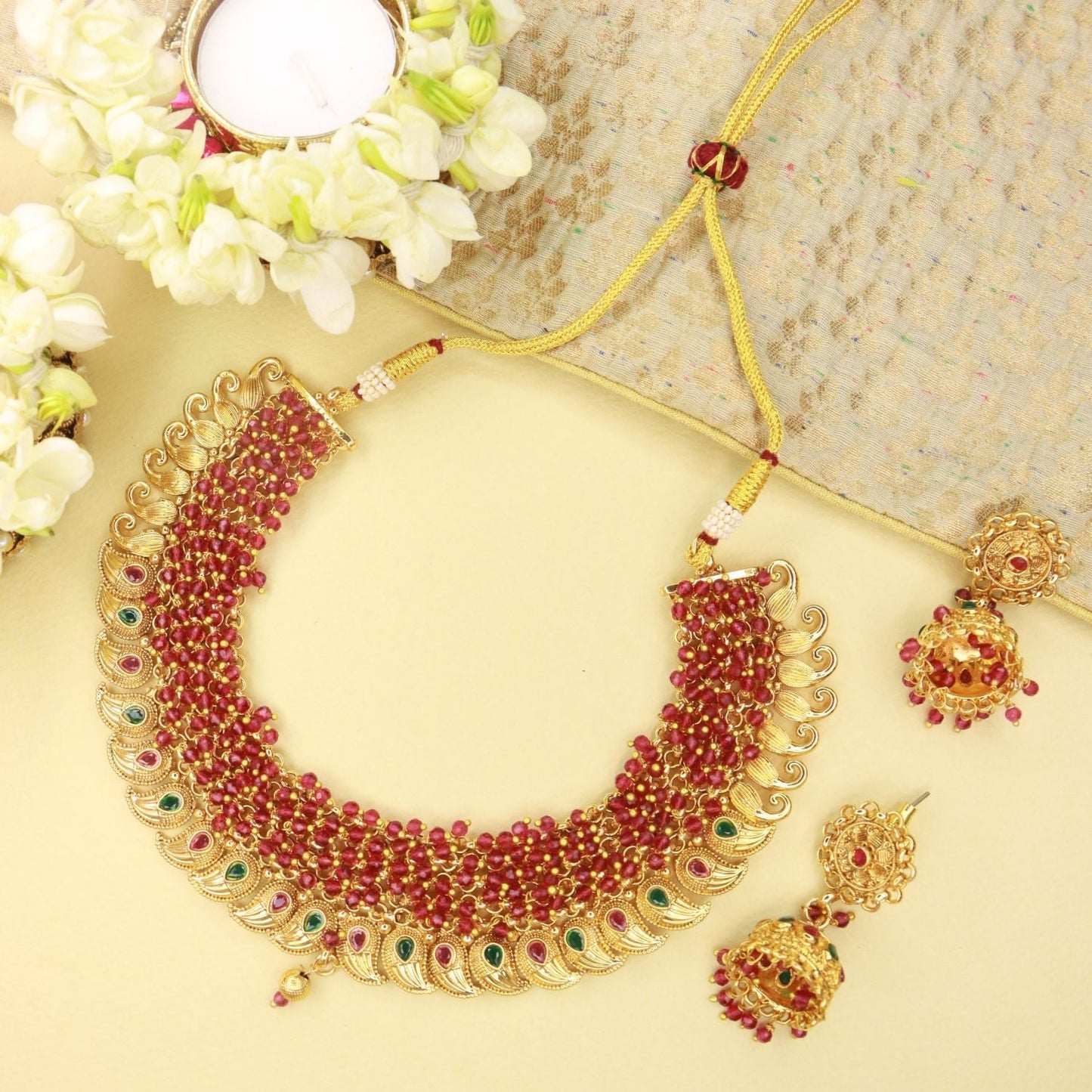 Gold-Polished Brass Pearl Choker Necklace With Earrings for Women/Girls - Wahe Jewels - Swadesiicart