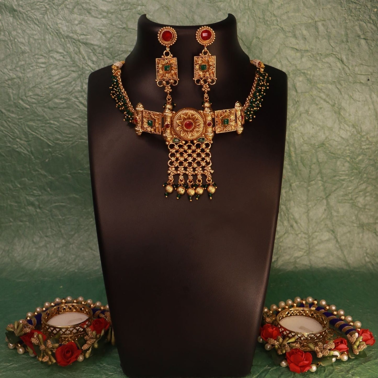 Gold-Polished Traditional Brass Pearl Choker Necklace With Earrings for Women/Girls - Wahe Jewels - Swadesiicart