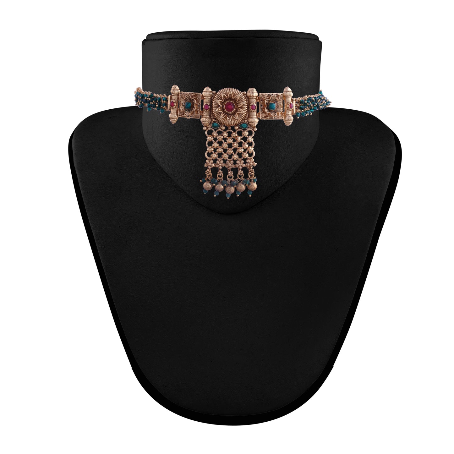 Gold-Polished Traditional Brass Pearl Choker Necklace With Earrings for Women/Girls - Wahe Jewels - Swadesiicart
