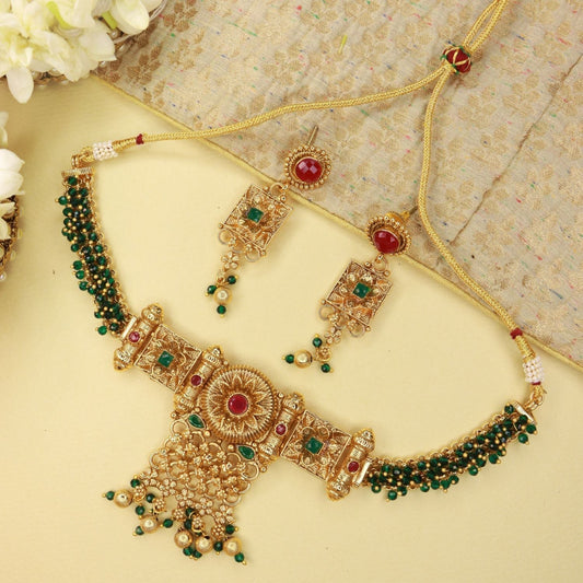 Gold-Polished Traditional Brass Pearl Choker Necklace With Earrings for Women/Girls - Wahe Jewels - Swadesiicart