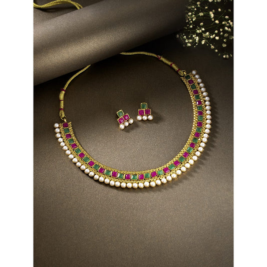 Gold-Polished Traditional White Choker Necklace Jewellery Set For Women/Girls - Wahe Jewels - Swadesiicart