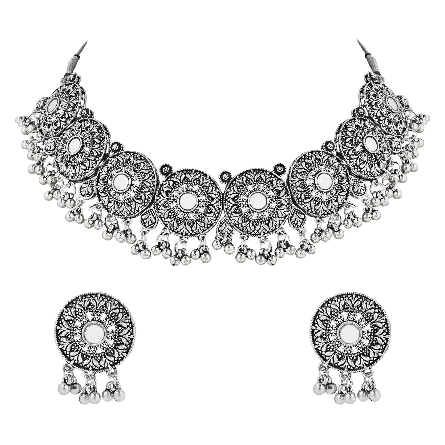 Navratri Ethnic Silver Oxidized Traditional Afghani Choker Necklace Jewellery Set for Women - Wahe Jewels - Swadesiicart