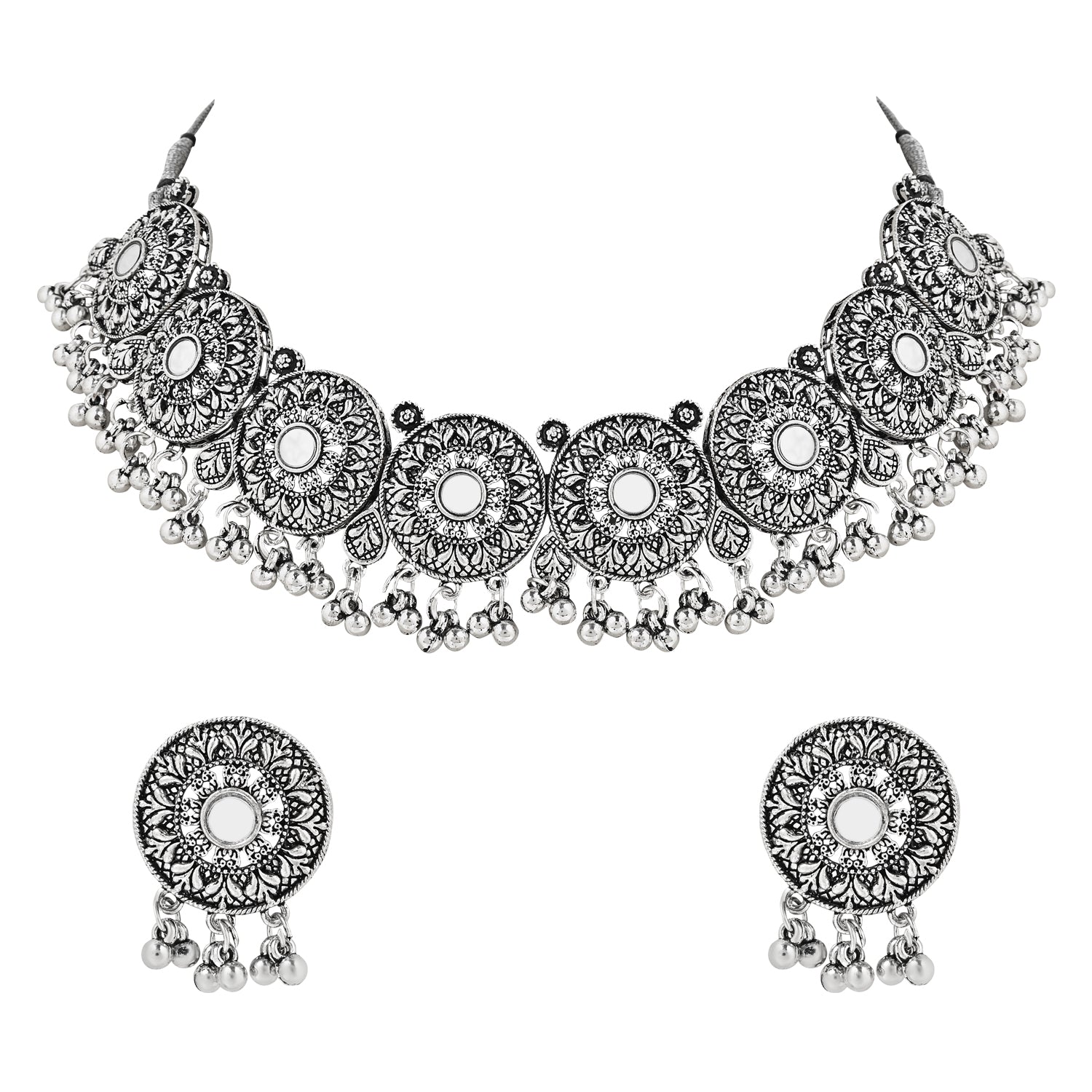 Navratri Ethnic Silver Oxidized Traditional Afghani Choker Necklace Jewellery Set for Women - Wahe Jewels - Swadesiicart