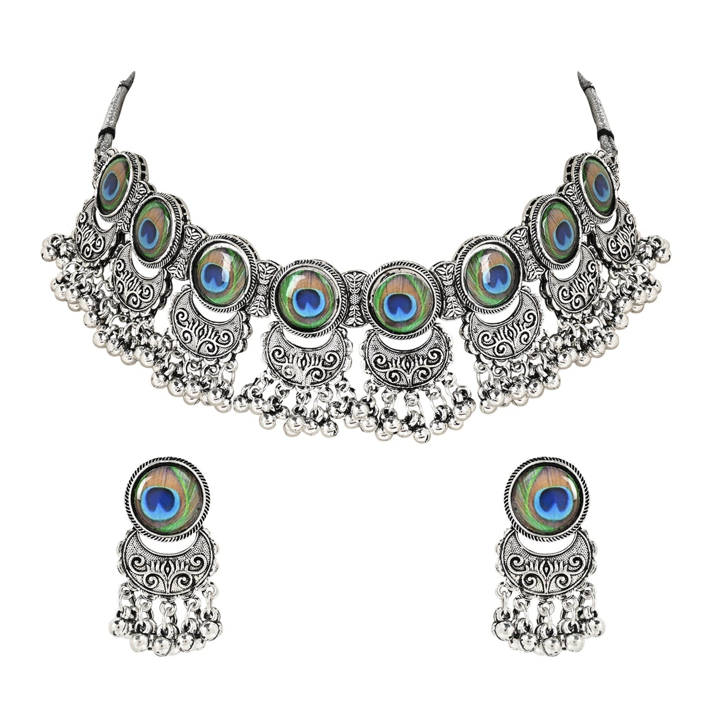 Navratri Oxidised Silver Plated Afghani Choker Necklace Jewellery Set for Women - Wahe Jewels - Swadesiicart