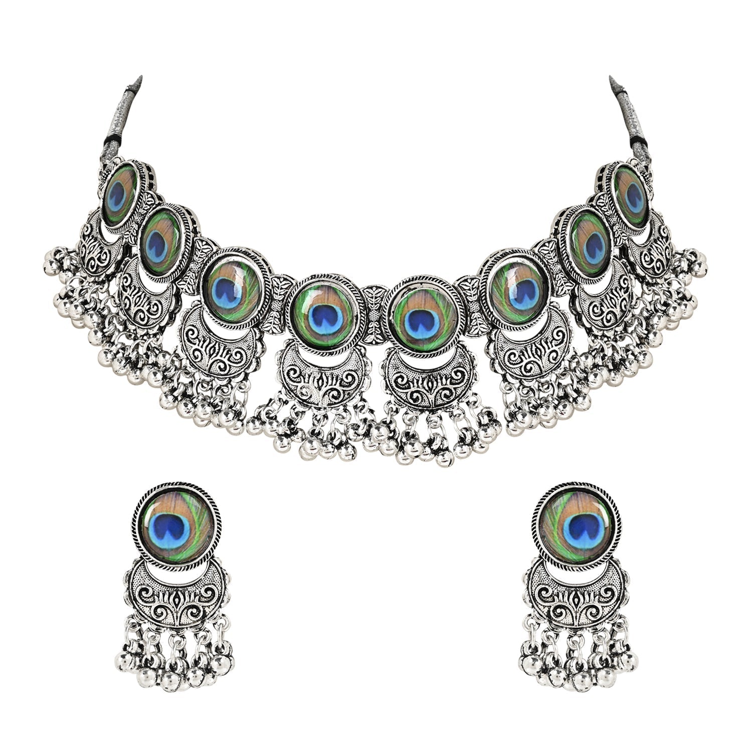 Navratri Oxidised Silver Plated Afghani Choker Necklace Jewellery Set for Women - Wahe Jewels - Swadesiicart