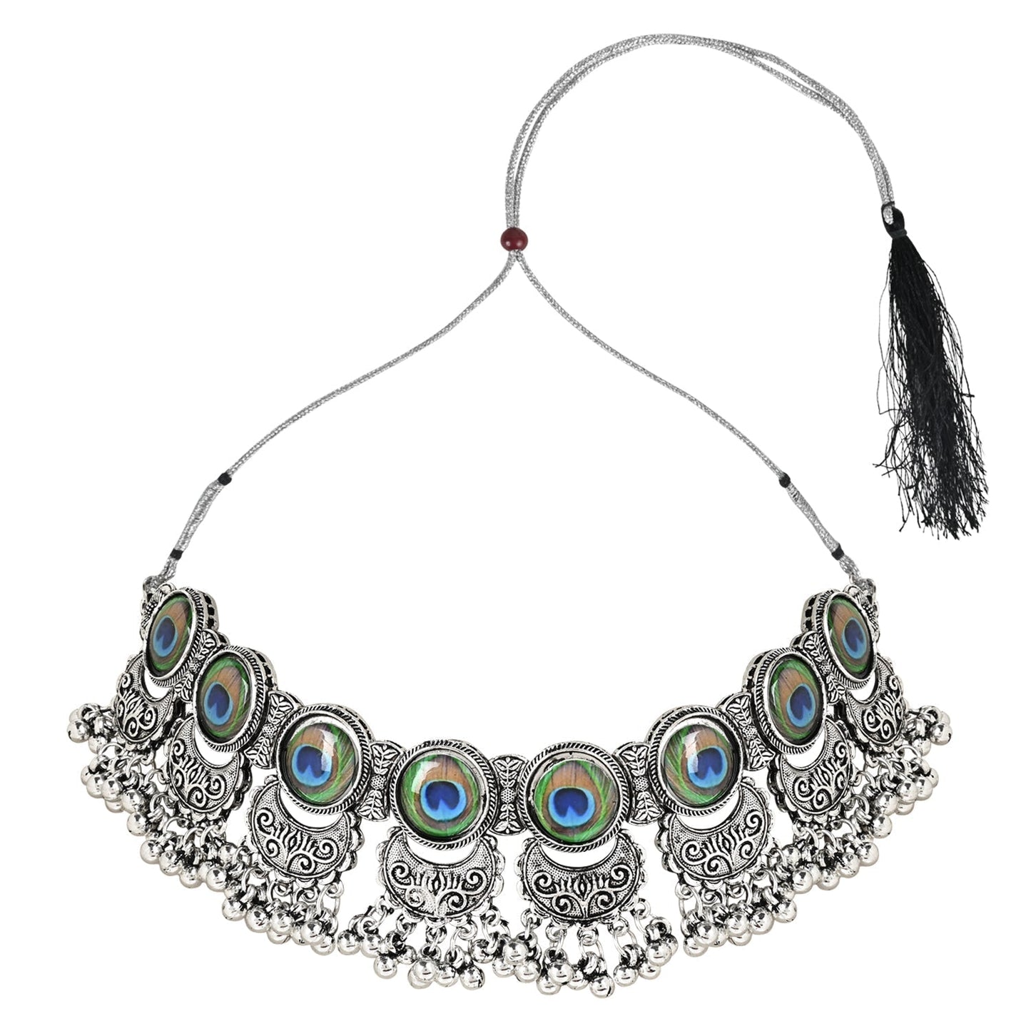 Navratri Oxidised Silver Plated Afghani Choker Necklace Jewellery Set for Women - Wahe Jewels - Swadesiicart