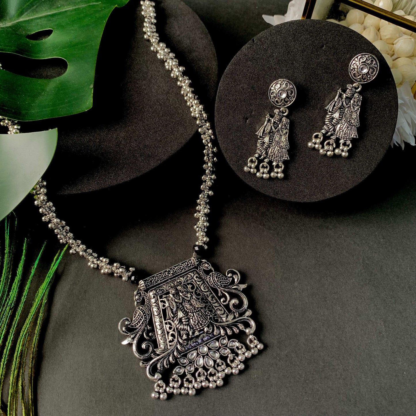 Navratri Ethnic Silver Oxidised Radha Krisha Long Necklace Jewellery With Jhumka Earrings Set For Women/Girls - Wahe Jewels - Swadesiicart
