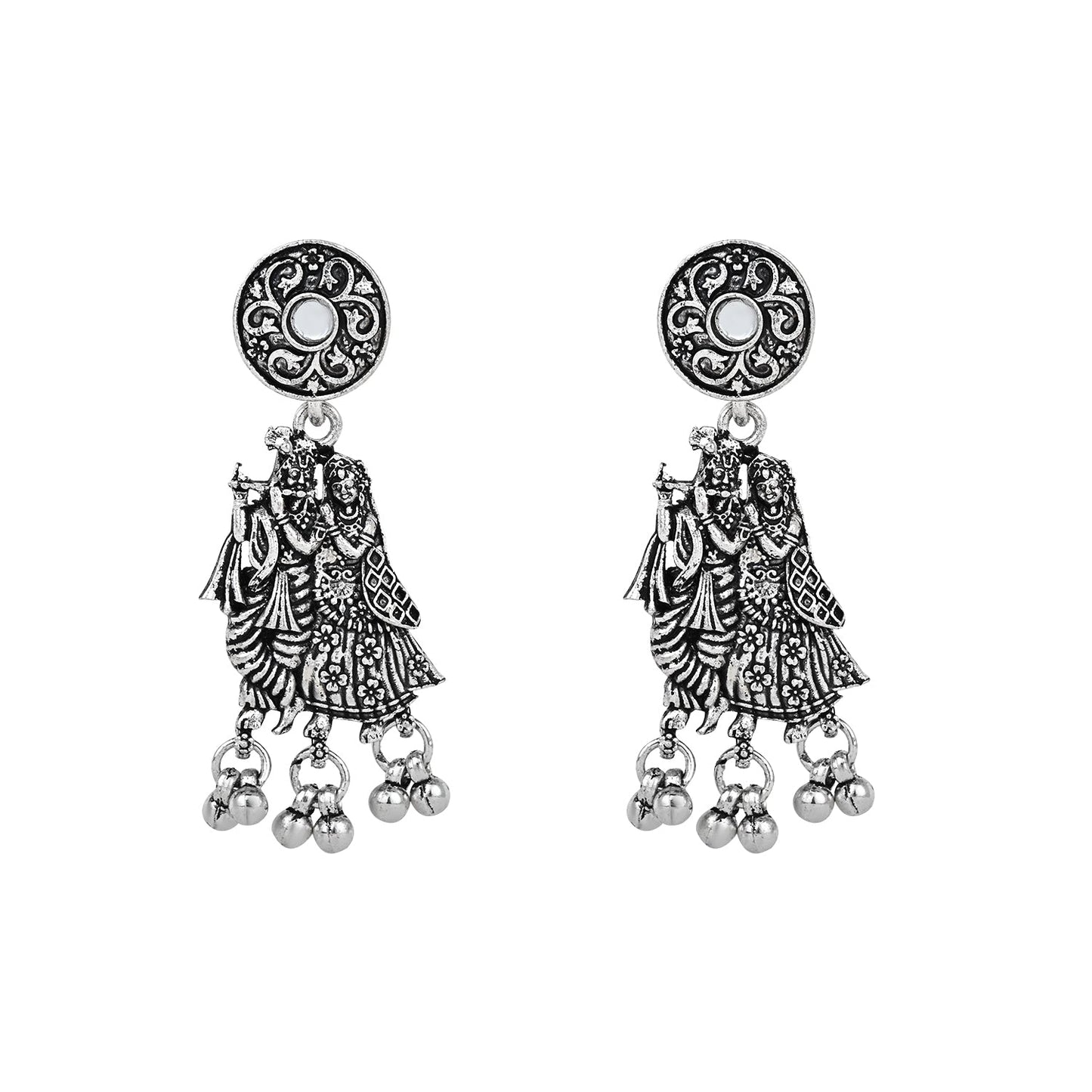 Navratri Ethnic Silver Oxidised Radha Krisha Long Necklace Jewellery With Jhumka Earrings Set For Women/Girls - Wahe Jewels - Swadesiicart