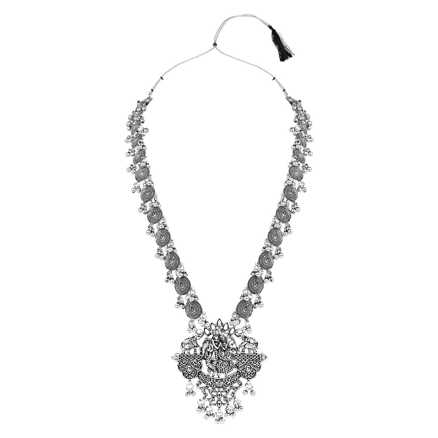 Navratri Ethnic Stylish Silver Oxidised Radha Krishna Design Long Necklace Jewellery Set for Women And Girls - Wahe Jewels - Swadesiicart